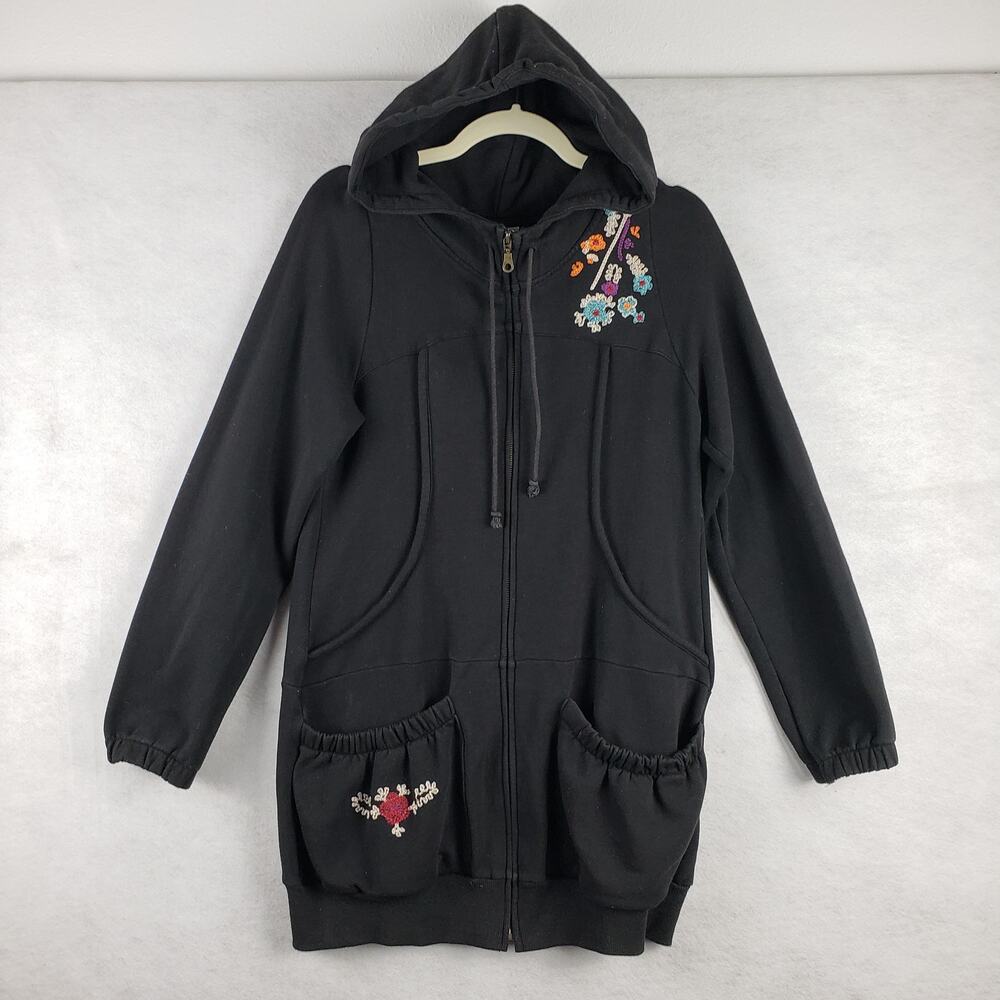 Yag Women's S Longline Embroidered Live Love Hoodie Zip Sweatshirt Black‎ Artsy